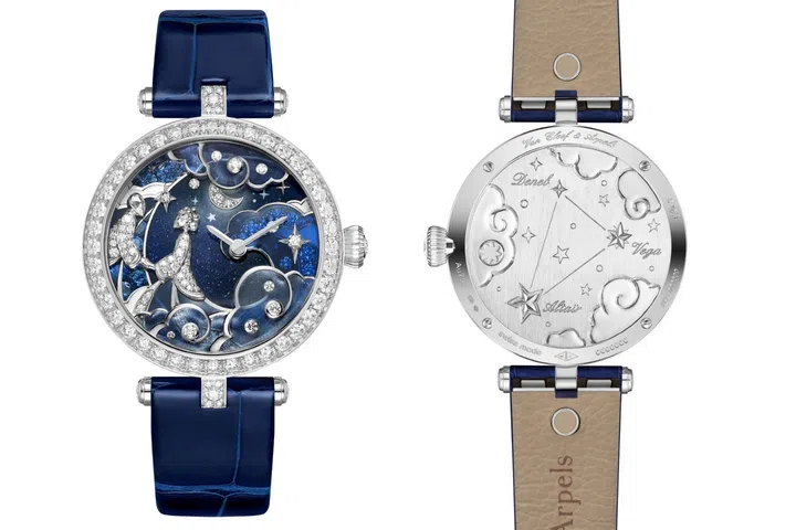Front and back views of the Van Cleef & Arpels Lady Rencontre Céleste watch, featuring an Extraordinary Dial inspired by the Chinese legend of Niulang and Zhinu. The front showcases the lovers beneath a moonlit sky crafted with champlevé, grisaille and plique-à-jour enamel, while the reverse reveals the engraved Summer Triangle asterism and the automatic movement through a sapphire crystal caseback.