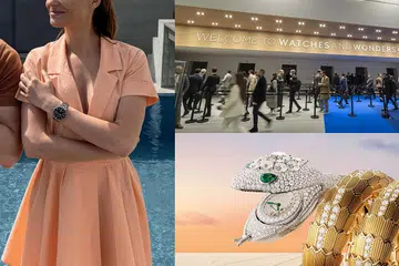 2023 Watch Forecast featuring an image of a woman wearing a Tudor Pelagos 39mm, a scene from Watches & Wonders 2022 and a Bulgari Serpenti watch from LVMH Watch Week 2022