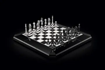 The Chanel Coco Game chessboard featuring black and white ceramic squares, diamond-set chess pieces inspired by Chanel motifs, and an obsidian base.