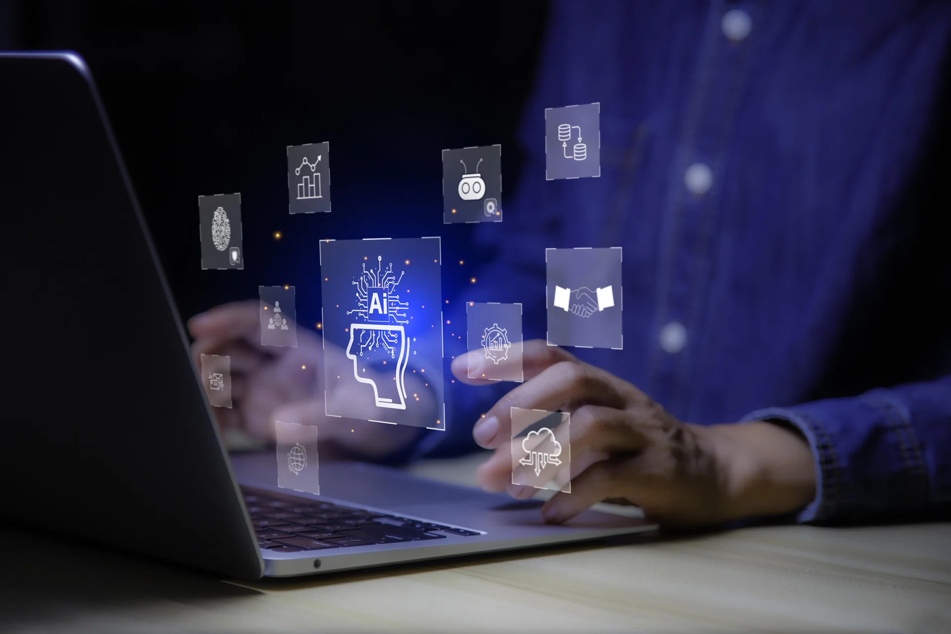 Ai technology analysis, hand point to AI icon network. AI technology Machine learning for data analysis and management, Data analysis using artificial intelligence is essential. Futuristic technology