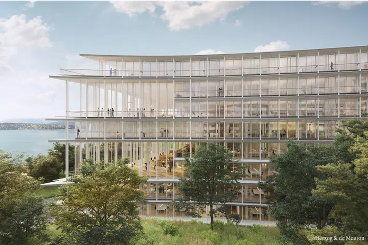 An artist’s impression of Lombard Odier’s upcoming headquarters on Lake Geneva. When completed next month, the building will house the company’s 2,600 employees – who are presently based across five Geneva sites – under one roof. 