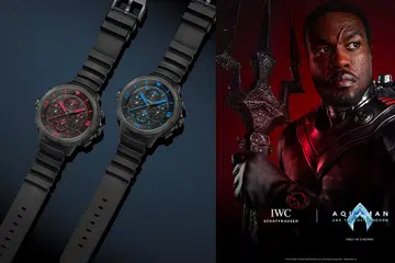 IWC Aquatimer Perpetual Digital Date-Month watches and a poster for Aquaman and the Lost Kingdom.