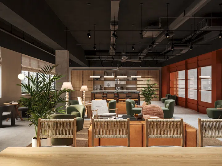 An artist’s rendering of Alma House’s Living Lounge. Note the references to louvred windows in the design. (Photo: FARM)