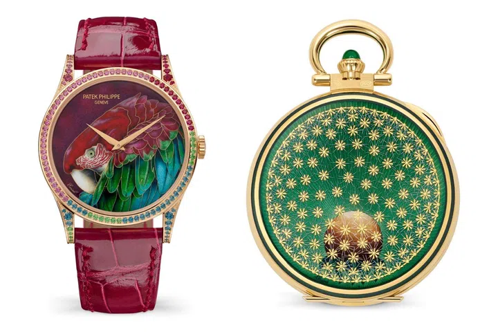 Patek Philippe Rare Handcrafts 2026: 5077/211R-001 Green-Winged Macaw Calatrava wristwatch set with precious gems and dial in cloisonné enamel enriched with miniature painting on enamel, and 992/173J-001 Dandelion pocket watch in flinqué and paillonné enamel enriched with miniature painting on enamel