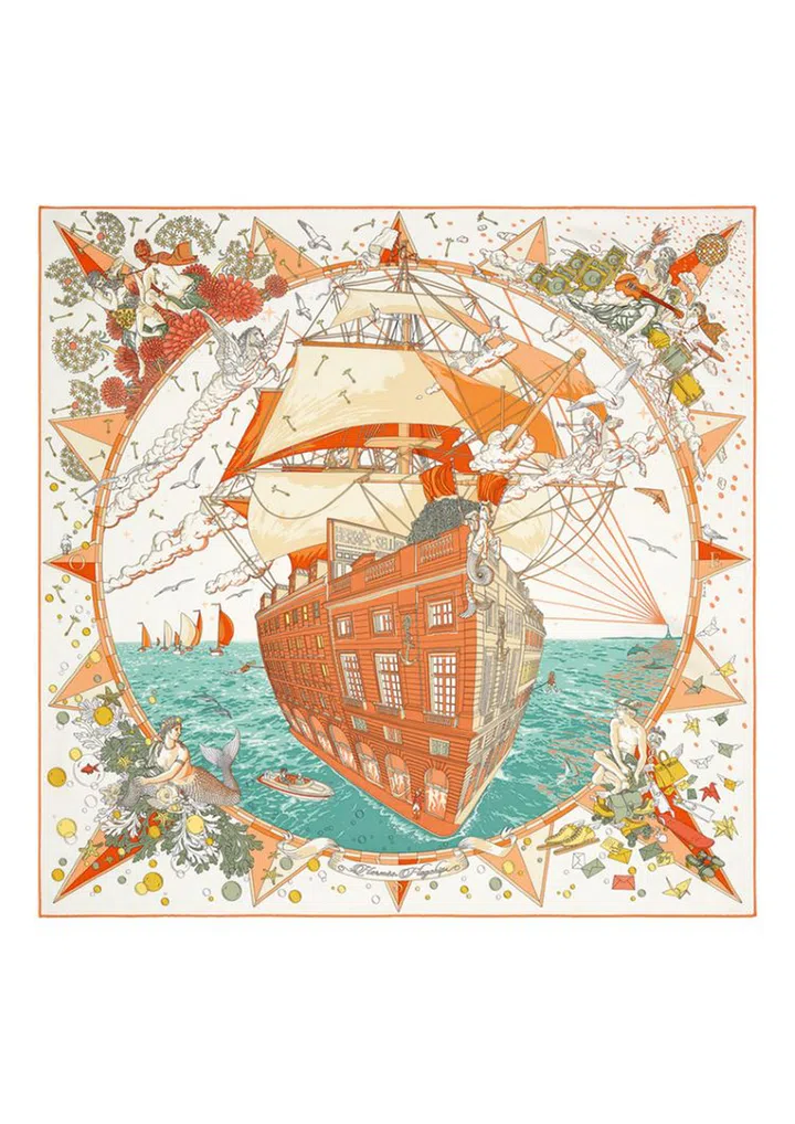 The Hermes Flagship scarf 90cm in silk twill, designed by Dimitri Rybaltchenko, from the SS24 Objets collection. (Photo: Hermes)