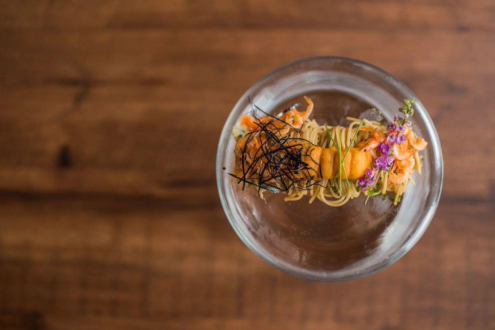 Bam! serves this luxurious cold capellini with sakura ebi, uni, citron confit, hazelnut oil and a sprinkling of nori