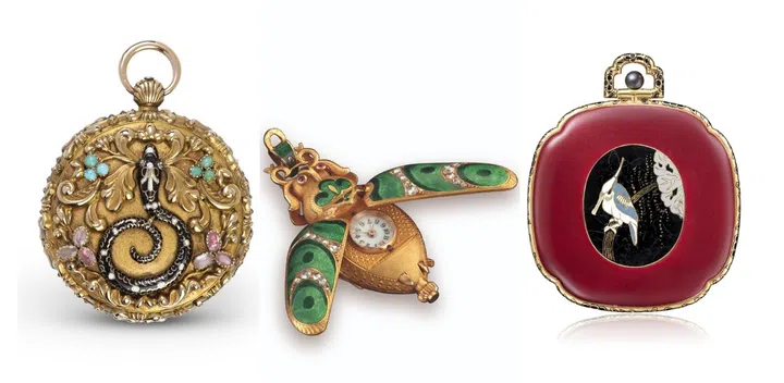 Three historical Vacheron Constantin creations featuring animal motifs executed with gem-setting, goldworking and enamel craftsmanship.