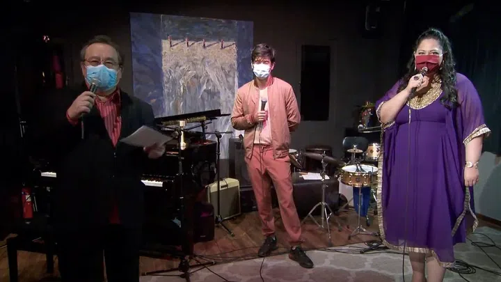 Nathan Hartono with Jeremy Monteiro (left) and singer Alemay Fernandez (right) during the livestream of Jeremy Monteiro at 60 – A Life in Music.
