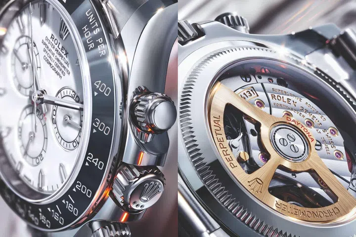Rolex Oyster Perpetual Cosmograph Daytona in Rolesium with white grand feu enamel dial, anthracite Cerachrom bezel and Oyster bracelet.