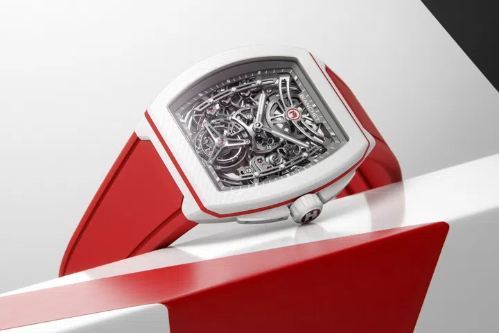 The Bianchet UltraFino Tonneau flying tourbillon, also worn by Flavio Cobolli during the Monte-Carlo Masters 2026, featuring a lightweight tonneau-shaped case and skeletonised movement designed to withstand the rigours of professional tennis.