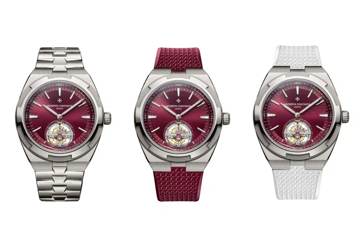 Vacheron Constantin Overseas Tourbillon in grade 5 titanium with a deep burgundy dial, integrated titanium bracelet or rubber strap, and a tourbillon aperture positioned at 6 o’clock.