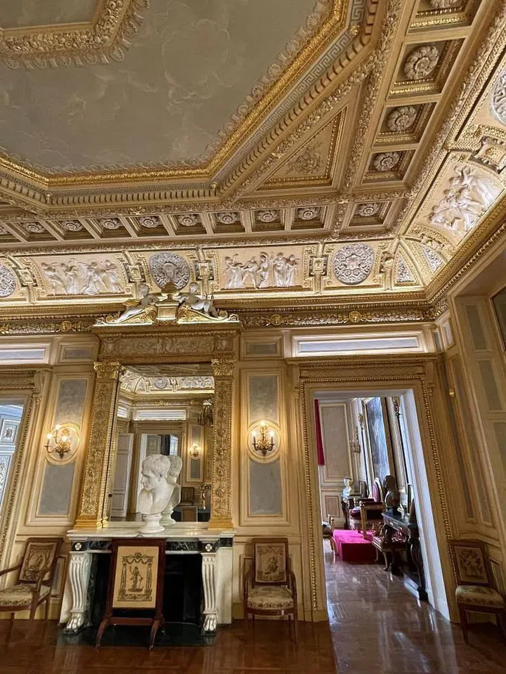 One of the rooms in Palais Vivienne whose original mouldings, doors, magnificent parquet floors and gold leaf wall decorations have been restored. Photo: