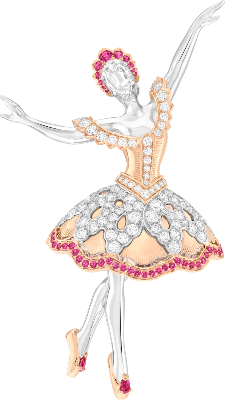 Van Cleef & Arpels Ballet Precieux Adage a la Rose clip brooch in white and rose gold with diamonds and pink sapphires. (Photo: Van Cleef & Arpels)