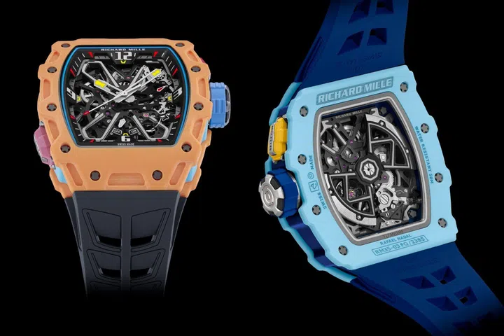 The Richard Mille RM 35-03 Automatic Rafael Nadal “Baby Nadal” in pastel blue and salmon Quartz TPT cases, showcasing the colourful lightweight composite material and openworked movement.