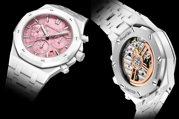 Front and back views of the Serena Williams Royal Oak Selfwinding Chronograph with a pink mother-of-pearl dial and integrated white ceramic bracelet.