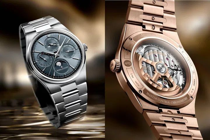 The Jaeger-LeCoultre Master Control Chronometre Perpetual Calendar, in stainless steel or pink gold, featuring a blue-grey gradient or bronze-coloured sunray-brushed dial, four-register perpetual calendar display, moon phase indication and integrated bracelet.