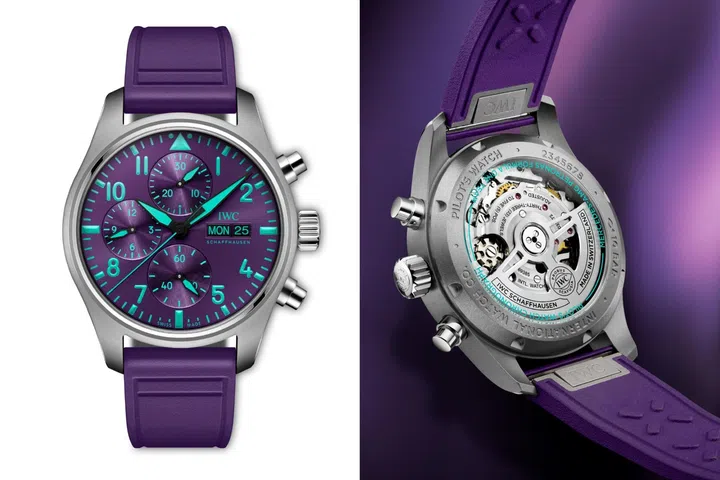 Front and back views of the purple IWC Pilot’s Watch Chronograph 41 Mercedes-AMG PETRONAS Formula One Team, showing its dial and automatic movement.