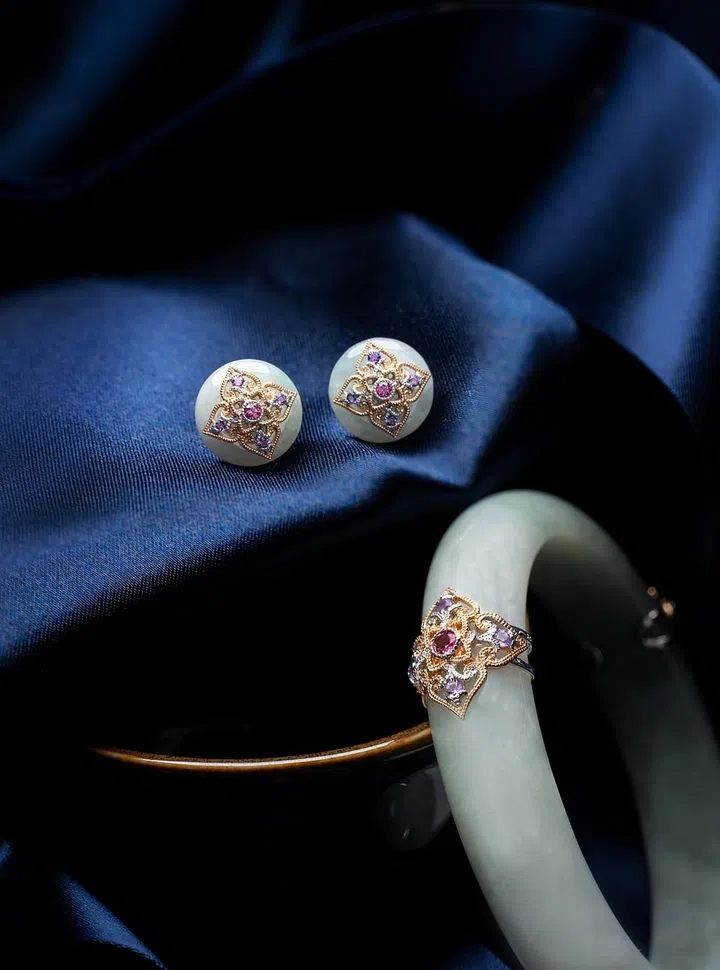 Stud earrings and a bangle from the Peranakan Lace collection.
