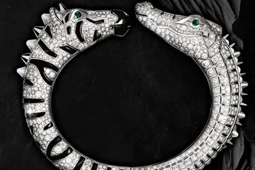 Clockwise from far left: A bracelet, necklace, watch and bracelet from the collection.