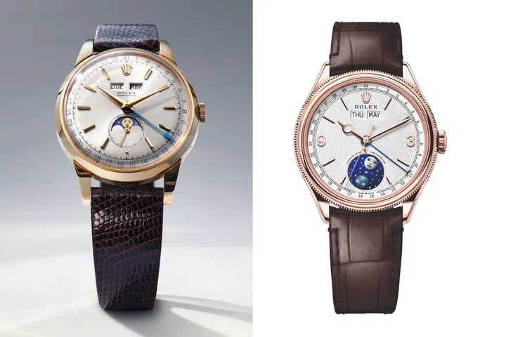 From left: The Rolex reference 8171 nicknamed “Padellone” in 18ct pink gold, and the new Perpetual Padellone 18ct Everose gold with an intense white dial and a matt brown alligator strap