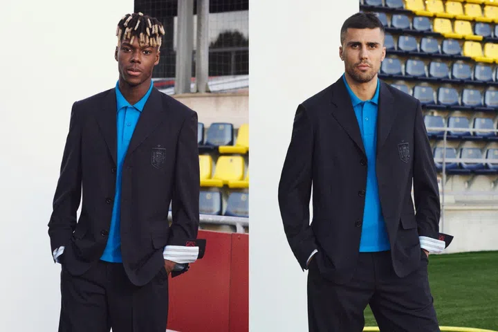 Spain national football team players Nico Williams and Rodrigo Hernández Cascante (Rodri) wearing tailored LOEWE outfits, showcasing the luxury house’s official partnership with Spain’s national teams ahead of the 2026 FIFA World Cup.