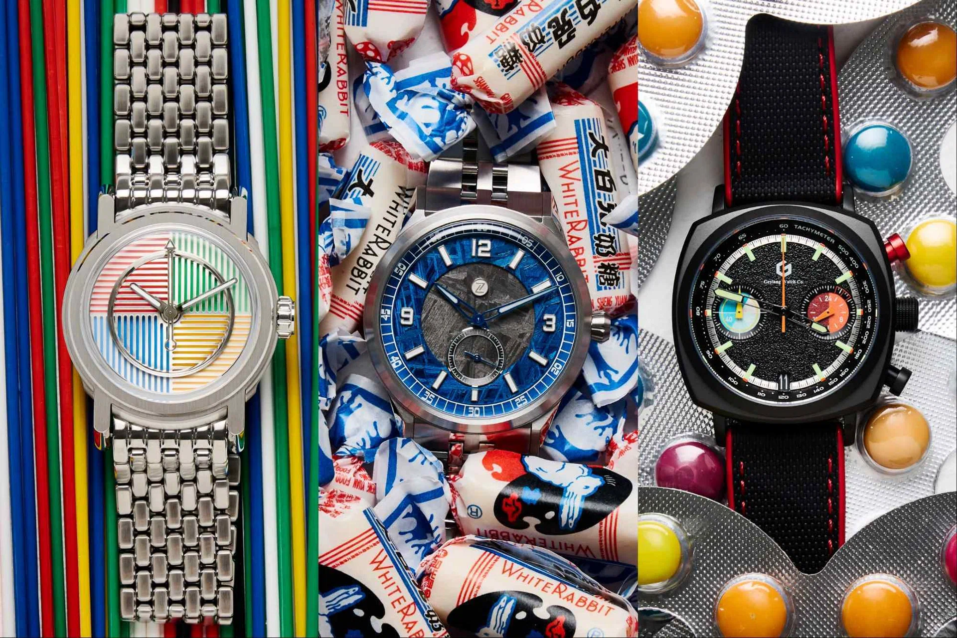 Singapore watch brands: The Horizon Watches Spectrum DotCom with a three-layer dial featuring colourful quadrants and a sapphire chapter ring. The Zelos Comet 39 ‘Meteorite’ with a genuine meteorite dial displaying its natural Widmanstätten patterns. The Geylang Watch Co Apex Hybrid Chronograph with a black PVD-coated case and black dial with red and blue chronograph counters.