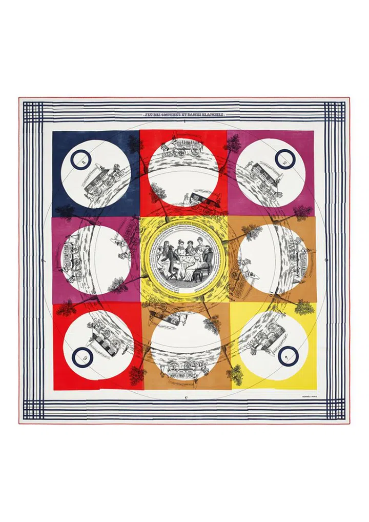 The reimagined Hermes Jeu des Omnibus et Dames Blanches au Tampon scarf 140cm, originally designed by Hugo Grygkar, in silk twill from the SS24 Objets collection. (Photo: Hermes)