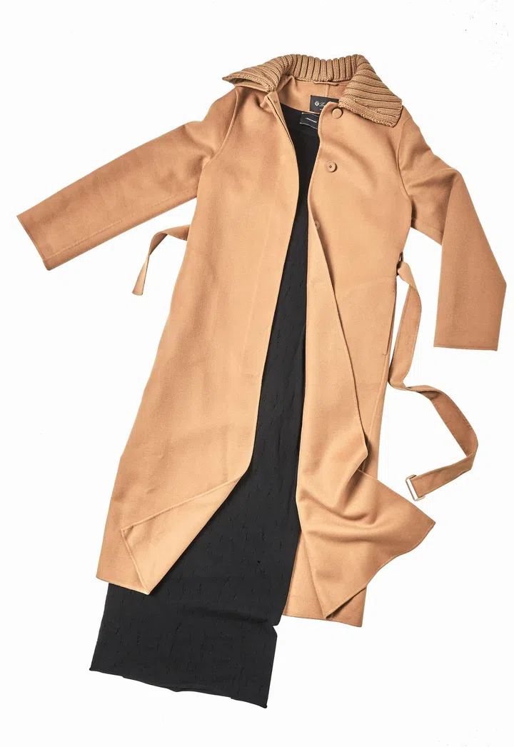 Cashmere coat, from Loro Piana. Wool dress, from Longchamp. Leather heels, from Jimmy Choo.