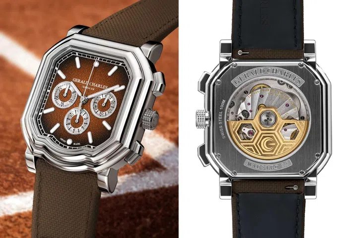 Front and back views of the Gerald Charles Maestro 3.0 Chronograph Clay, featuring a textured clay-coloured dial, chronograph counters and the brand’s distinctive asymmetric case design.