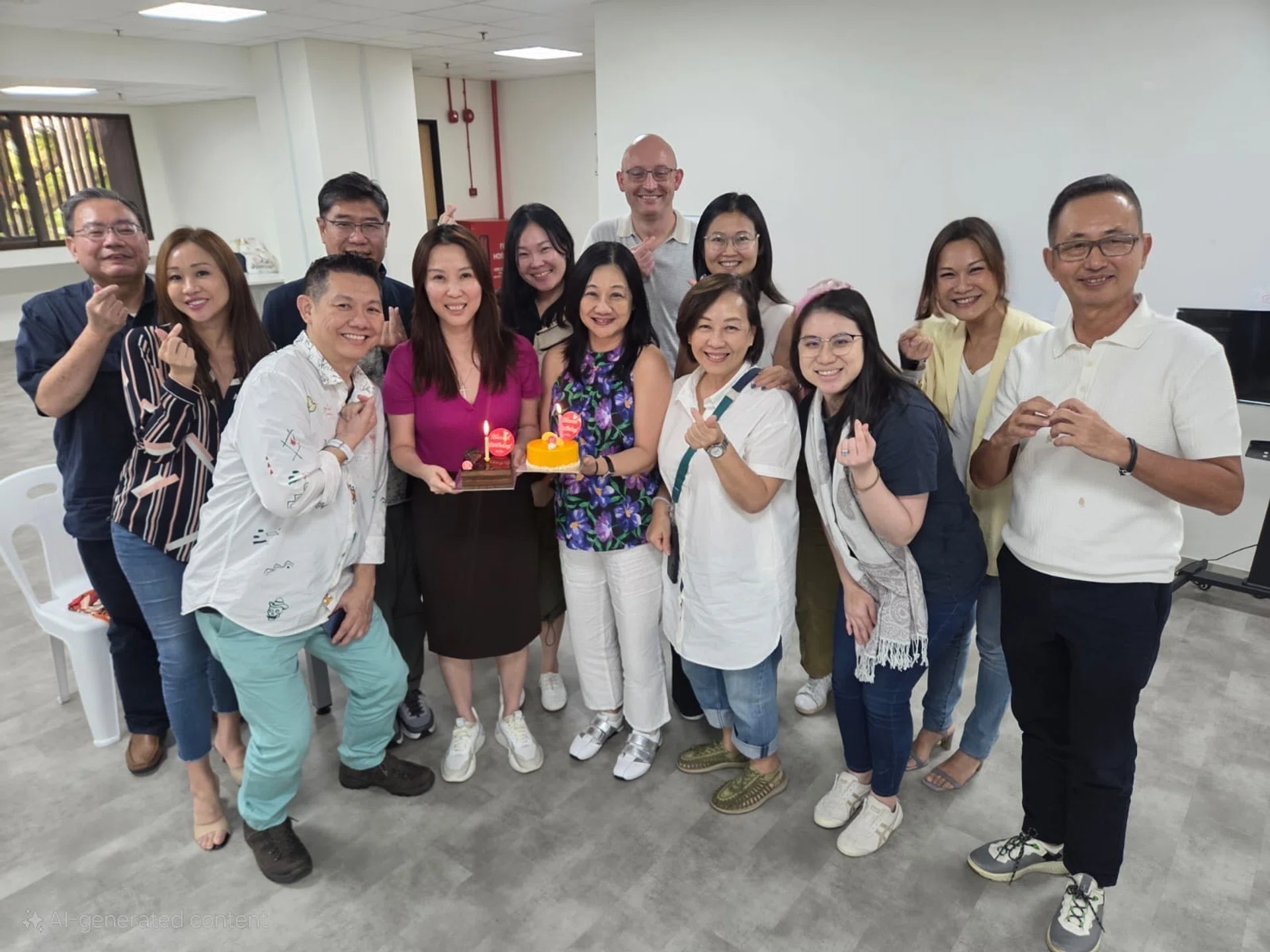 A group of people gathered for a group photograph, with two women in the center holding cakes. 