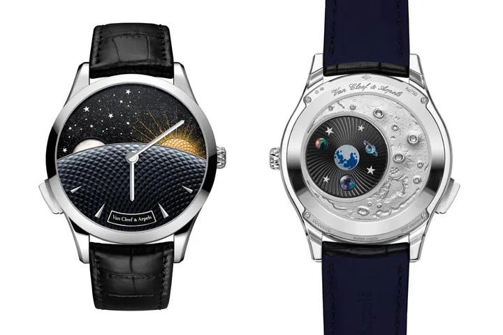 Front and back views of the Van Cleef & Arpels Midnight Jour Nuit Phase de Lune watch in a 42mm white-gold case. The front features a black Murano aventurine glass dial with a poetic day-and-night display, moon phase complication, guilloché gold sun and mother-of-pearl moon, while the reverse reveals an engraved lunar landscape, miniature-painted planets, an enamel Earth motif and the automatic movement visible through a sapphire crystal caseback.
