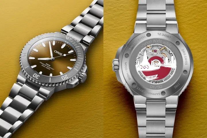 Front and back views of the Oris Bangkok Limited Edition Aquis watch, showing its golden sunburst dial, dark grey ceramic bezel and caseback illustration featuring Wat Arun, the Chao Phraya River and Rama VIII Bridge.