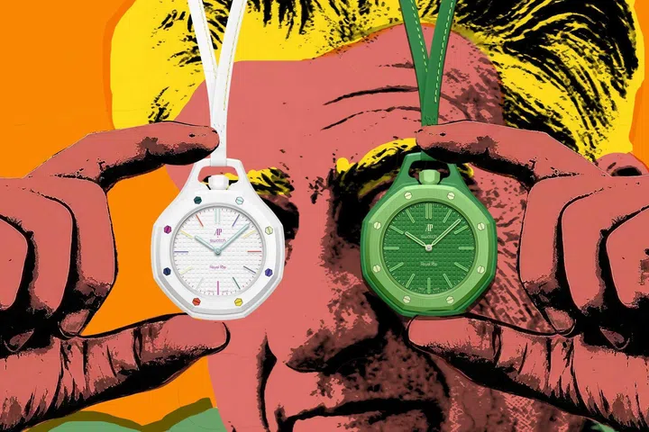 The Audemars Piguet x Swatch Royal Pop collection features pocket watch case construction in both Savonette and Lepine styles