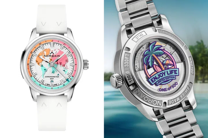 Front and back views of the Norqain Freedom GMT Enjoy Life “Holiday” Limited Edition showing the colourful world map dial, the exhibition caseback revealing the COSC-certified NN20/2 GMT manufacture movement, and choice of stainless steel bracelet or rubber strap.