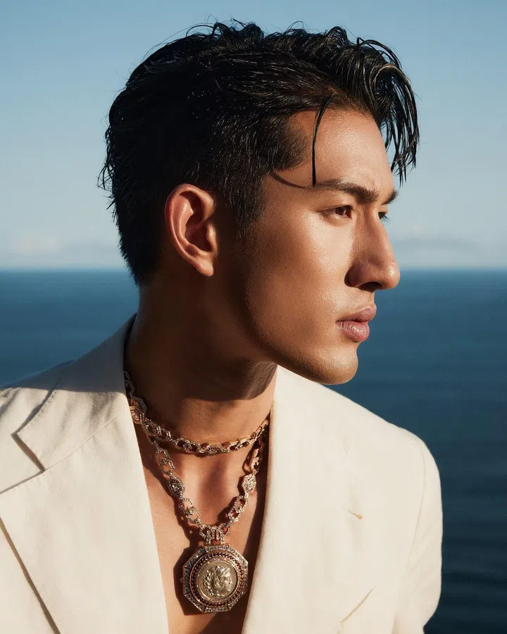 Bulgari ambassador Ayden Sng wearing a Monete high jewellery gold necklace. (Photo: Bulgari)