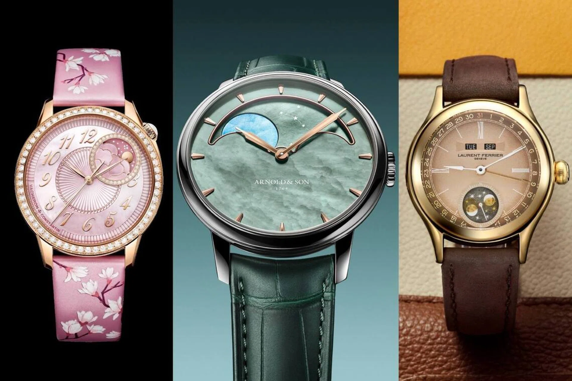 moon phase watches from Vacheron Constantin, Arnold & Son, and Laurent Ferrier