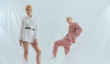 (Left) Polyamide tweed dress, calfskin and crystal belt, and crystal earring, from Chanel. (Right) Cotton jacket, cotton trousers, and technical mesh and rubber sneakers, from Dior.