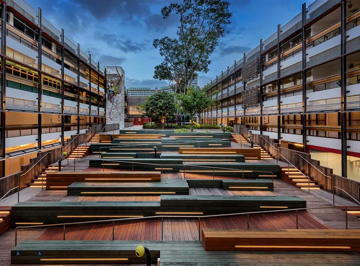 The outdoor terrace at Enabling Village. (Photo: WOHA, Edward Hendricks)