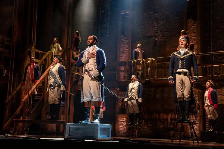 David Park at far right, as Marquis de Lafayette/Thomas Jefferson (Photo: Joan Marcus)
