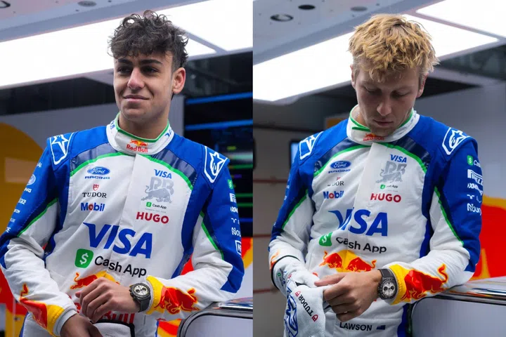 Racing Bulls Formula One drivers Arvid Lindblad and Liam Lawson wearing the Tudor Black Bay Chrono “Carbon 26” watches.