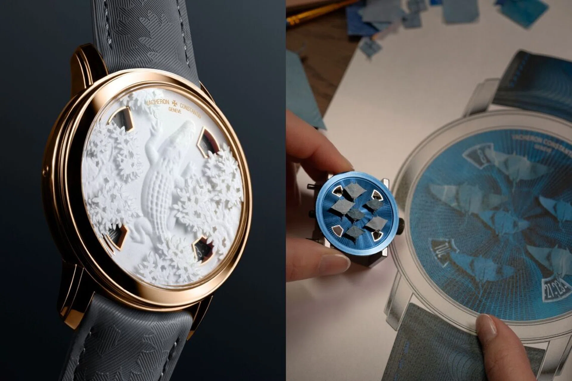Vacheron Constantin Métiers d’Art Tribute to the Animal Kingdom Papercroc and Oraygami watches, featuring a white cotton paper crocodile and six blue micro-origami manta rays.