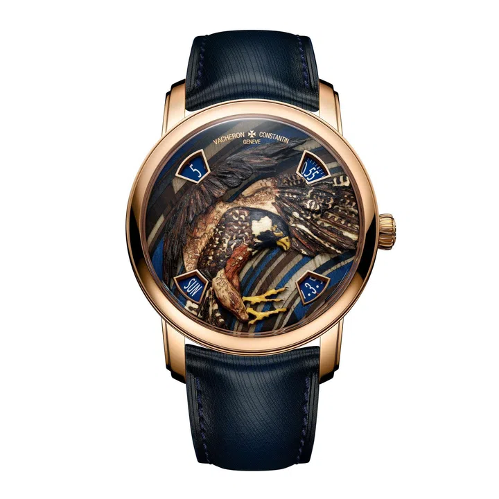 Vacheron Constantin Woodenwings watch featuring a three-dimensional falcon crafted from 12 different wood species using miniature marquetry.