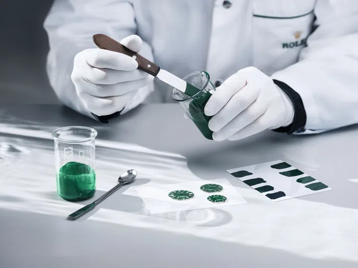 Testing for the right shade of lacquer according to the sketches created by Rolex’s Design Department. (Photo: Rolex)