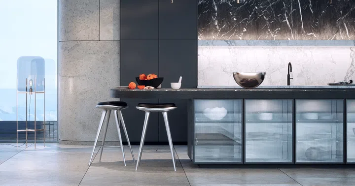 In the Mondial series, you can store kitchen essentials in beautiful glass cabinets beneath a natural stone countertop. (Photo: SieMatic)