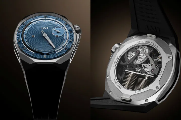 Front and rear views of the HYT T1 Titanium Guilloché showing its titanium case, hand-guilloché dial, coloured fluid-filled glass capillary hour display, sapphire exhibition caseback revealing the hand-wound mechanical movement, and black integrated rubber strap.
