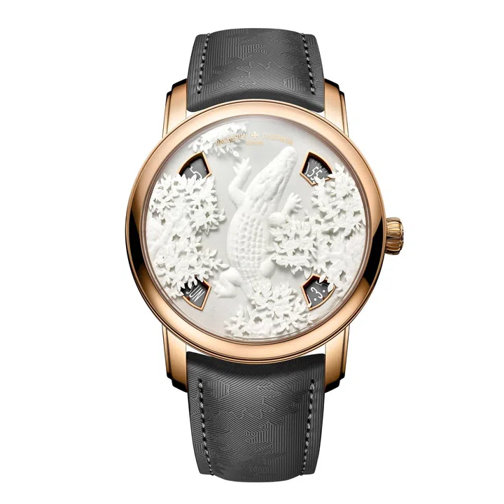 Vacheron Constantin Papercroc watch featuring a three-dimensional crocodile and foliage sculpted from white cotton paper on the dial.