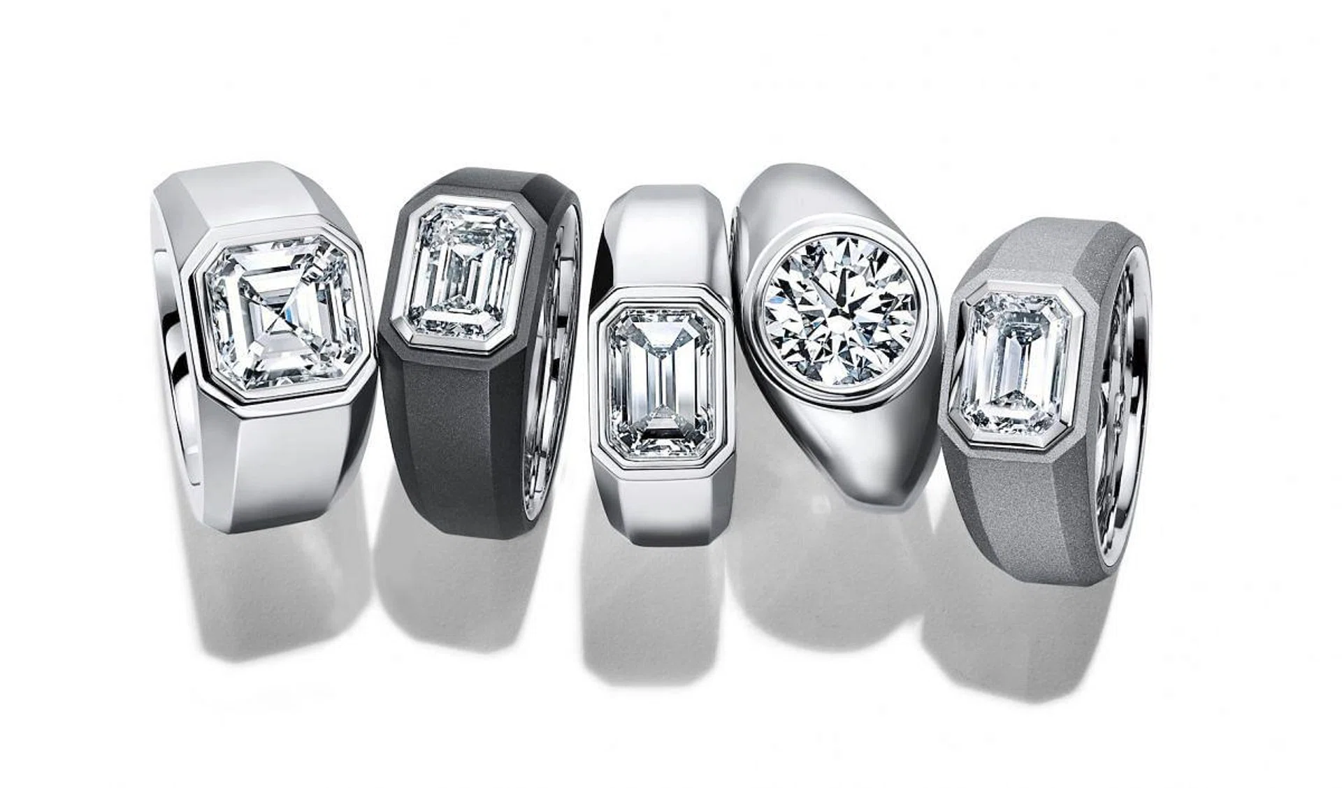 PT SEC Men's Engagement SDR 4.30ct SEC, Black TNN/PT EC Men's Engagement SDR 3.36ct, PT EC Men's Engagement SDR 2.85ct SEC, PT RD Men's Engagement SDR 3.92ct, Gray TNN/PT EC Men's Engagement SDR 3.01ct