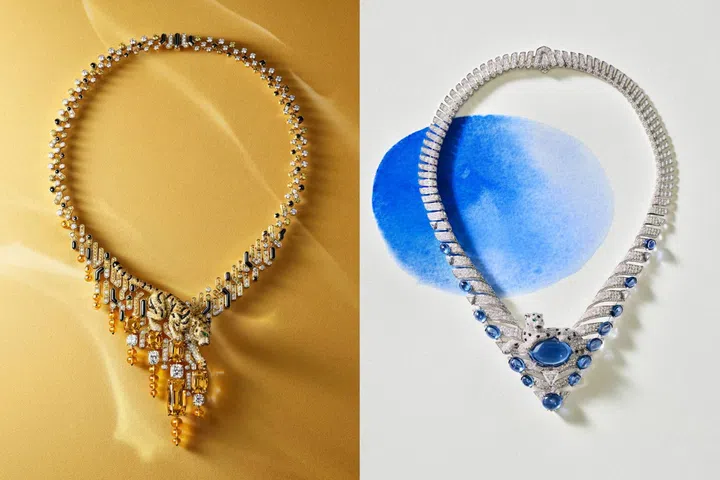 Cartier Le Choeur des Pierres Haryma and Panthère Kentia necklaces, featuring a tiger with imperial topazes and a panther with a large blue Ceylon sapphire.