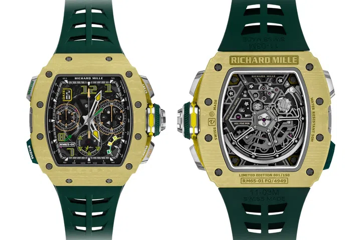Front and back views of the Richard Mille RM 65-01 Sand Quartz TPT, showing its skeletonised dial and automatic movement.
