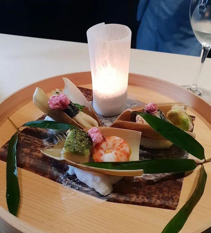 Fried Ice Fish, Sea Bream Roe, Broad Bean, Tiger Prawn with Egg Yolk, Bamboo Fish Cake